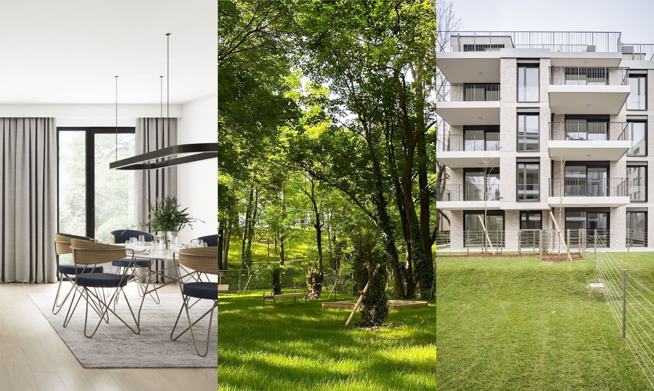 Park Suites zwischen Grünanlagen: Wohnraum, parkartige Umgebung und die moderne Wohnhausfassade